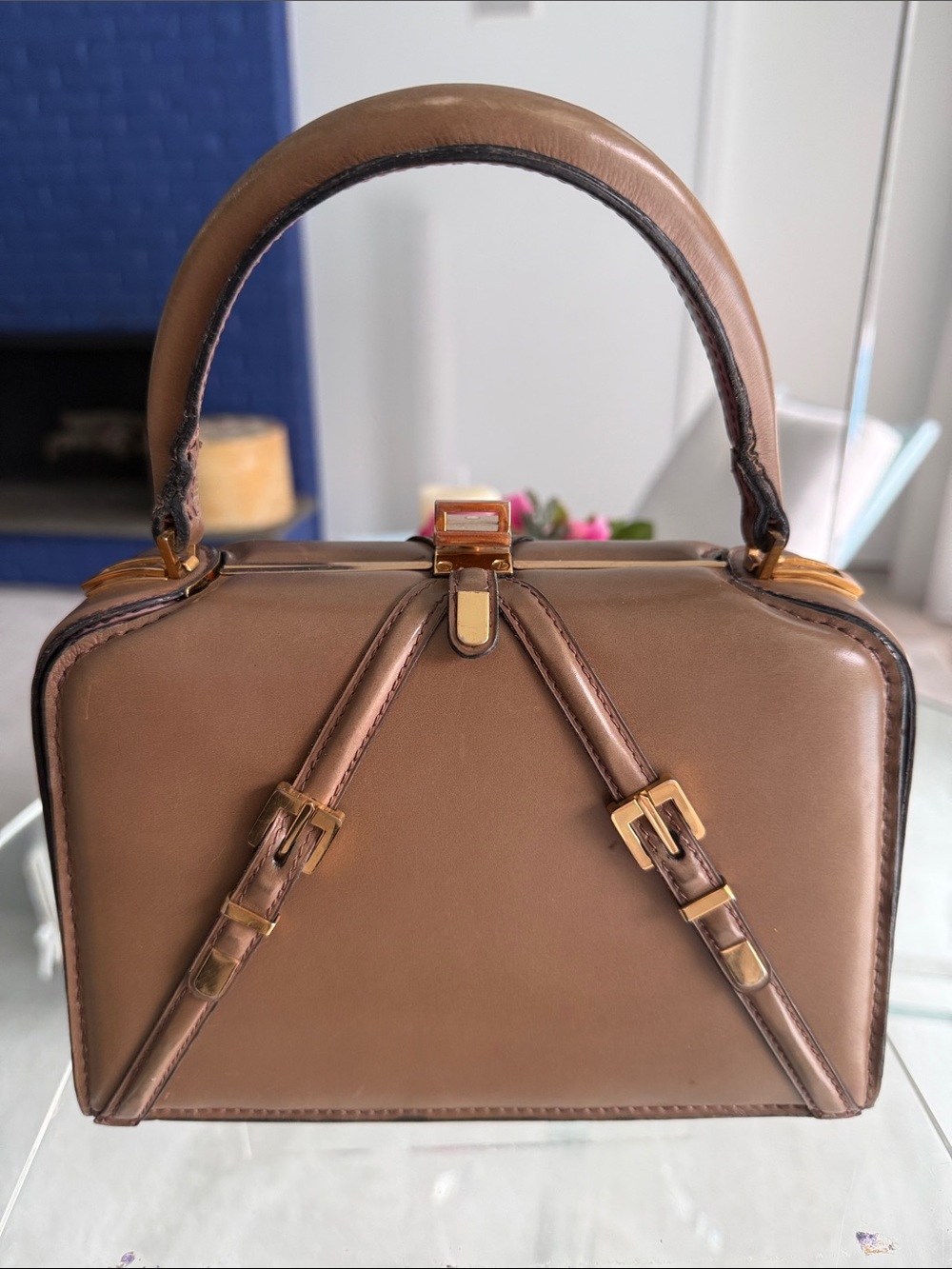 Lederer Vintage French Taupe Leather Top-Handle Box Bag Brass Buckle Details
